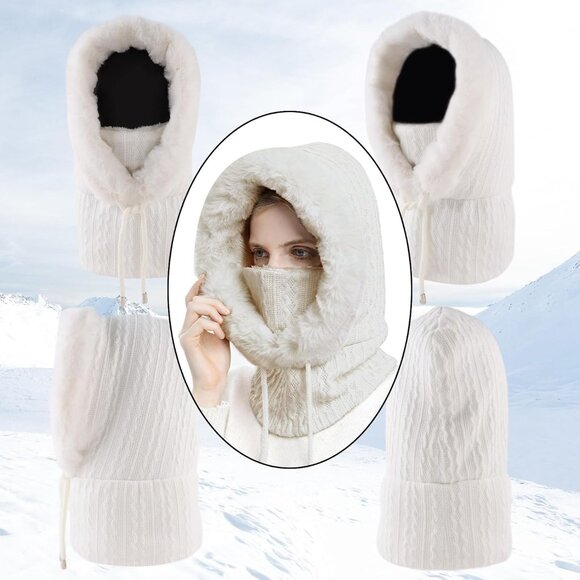 Women White Polyester Warm Thick Fluff Beanie Neck Face Winter Balaclava - Picture 3 of 7